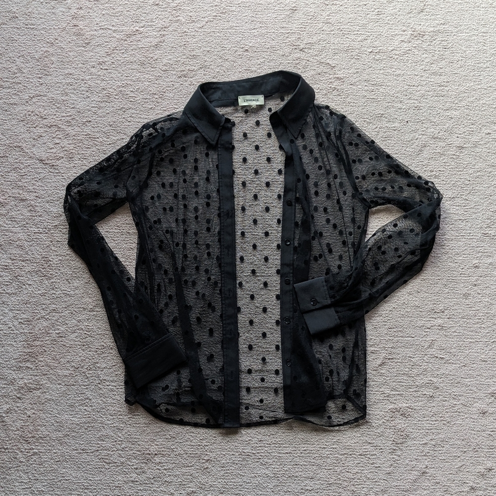L'AGENCE Black Sheer Polka Dot Blouse